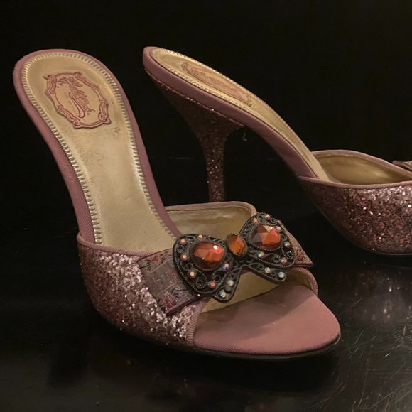 Hale Bob Bo Pink Glitter Heels Rhinestones Jewels Bows 7 Slides - Picture 1 of 7